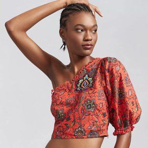 FARM Rio Red Floral One-Shoulder Crop Top